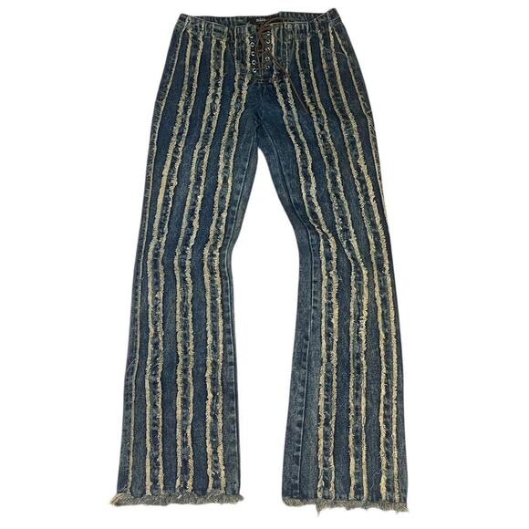 Jaded London Fringe Striped Denim Jeans Womens 25 Lace Up Boho Hippie Festival - Picture 1 of 7